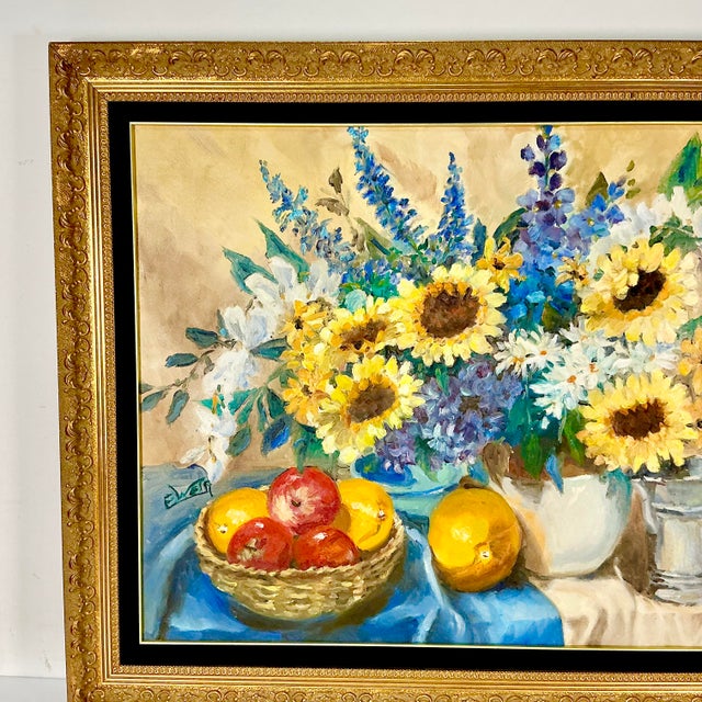 Canary Yellow Mid-Century Impressionist Boho Chic Sunflower Still Life Original Oil Painting by American Edith Weir For Sale - Image 8 of 12