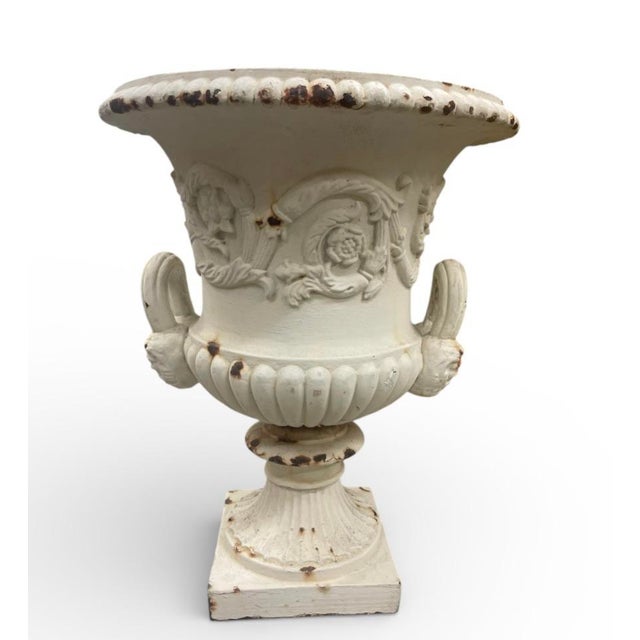 Neoclassical Vintage Neoclassical Cast Iron Garden Urn With Ram's Head Handles For Sale - Image 3 of 5