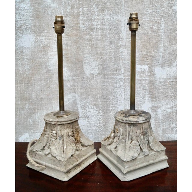 Antique sandstone corinthian capital table lamps. A lovely pair of corinthian sandstone capitals, with antiqued brass...