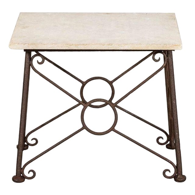 Mid-Century English Brutalist Wrought Iron and Stone Side Table, 1960 For Sale