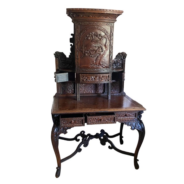 Antique Rare Sino (Chinese export) Brithsh Bureau Cabinet ca 1850 depicting a hawk on the front door symbolizes strength,...