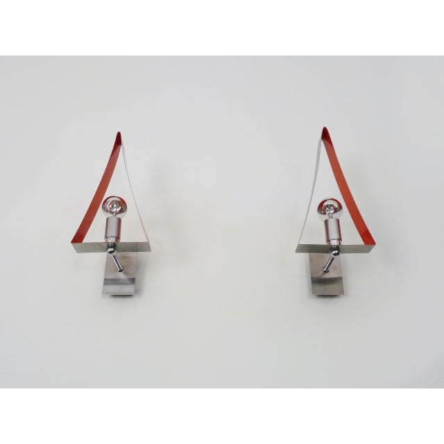 Triangular Wall Sconces in Chrome and Orange Metal, 1970s, Set of 2 For Sale - Image 4 of 9