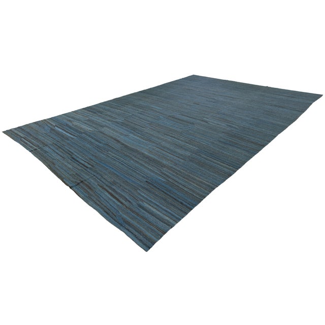 Modern Minimalist Slate Blue Handmade Kilim Wool Rug 12x18 For Sale - Image 12 of 12