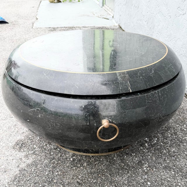 1990s Postmodern Black Tessellated Stone Swivel Top Coffee Table With Extension and Brass Inlay For Sale - Image 5 of 9