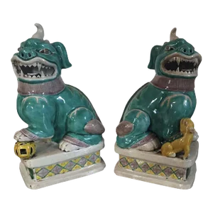 Antique 19th Century Chinese Porcelain Foo Dog Lions or Mythical Beasts in Famille Rose Palette - a Pair