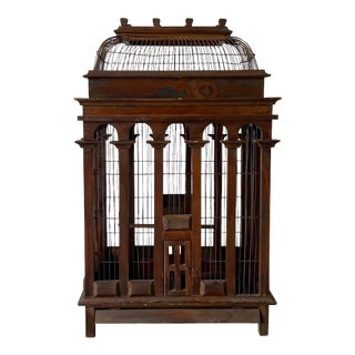 Vintage Handmade Architectural Dome Top Wooden & Metal Wire Bird Cage For Sale