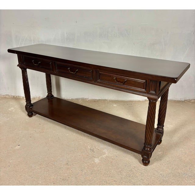 Large Spanish Walnut Rustic Console with Three Drawers and Lower Shelf, 1930s For Sale - Image 9 of 15