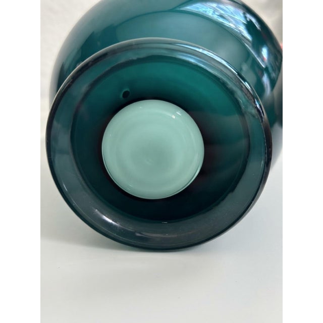 Mid-Century Modern Vintage Teal Green Art Glass Vase With Clear Applied Scroll Handles For Sale - Image 3 of 7