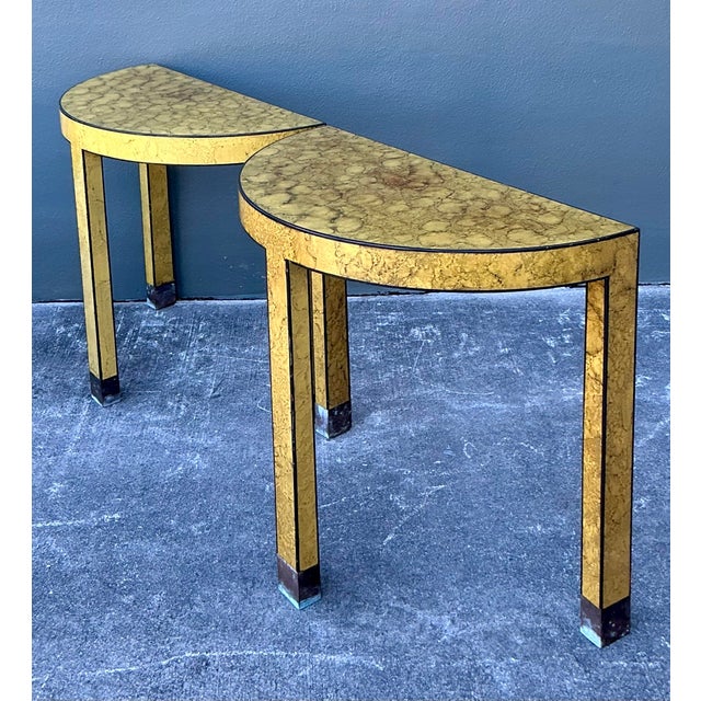 Wood Vintage Boho Faux Finished Demilune Tables - A Pair For Sale - Image 7 of 12