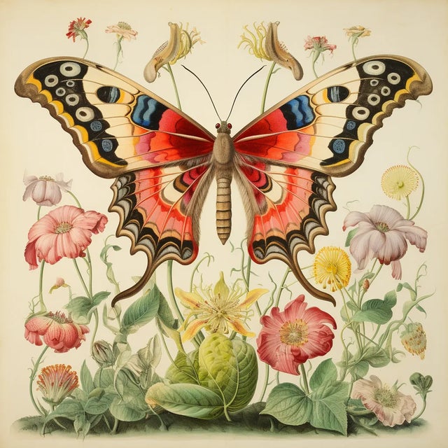 'Butterfly and Flowers' # 1 - Framed Original Fine Art Print. From a series of prints, see my other listings. Dimensions:...