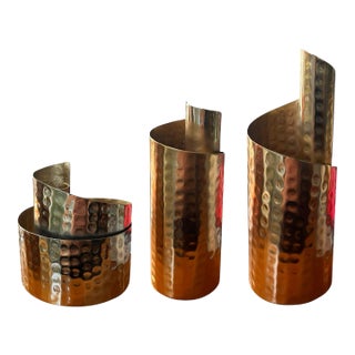 Set 3 Vintage Mid Century Modern Candle Holders Neo Industrial Brutalist Hammered Brass Gold Tone Modern Contemporary For Sale