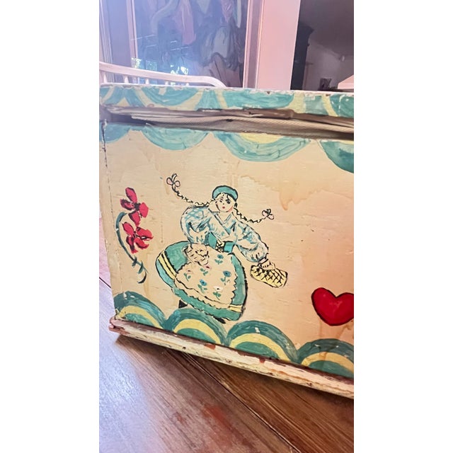 Wood Rare Vintage Hand-Painted Wooden Folk Art Lift-Top Chest Trunk For Sale - Image 7 of 12