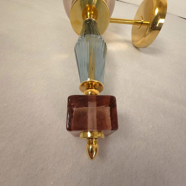 Metal 1990s Pair of Blue and Purple, Mid-Century Modern, Murano Glass Sconces For Sale - Image 7 of 10