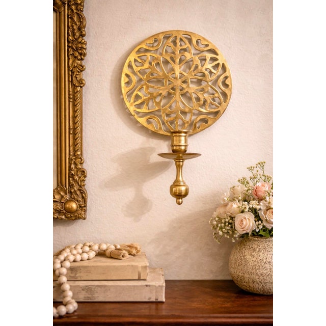 Round Mandala Solid Brass Heavy Wall Sconce Candle Holder 11.5x8.5" Heavy weight quality wall sconce Taper candle holder /...