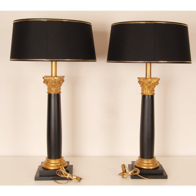 Atelier Versace Vintage Italian Table Lamps Corinthian Column Lamps Black Gold Wood Hand Carved - A Pair For Sale - Image 4 of 9
