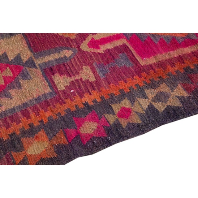 Textile Pink Vintage Kilim Handmade Flatweave Geometric Motif Wool Runner For Sale - Image 7 of 11