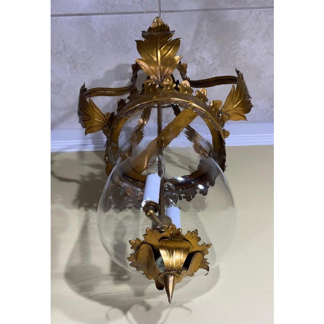 Metal Vintage Gilt Metal Crown Bell Glass Pendant Chandelier Lantern For Sale - Image 7 of 9