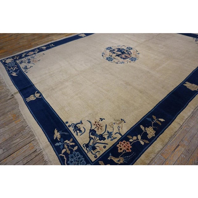 Textile 1920s Beige Traditional Chinese Floral Symbolism Antique Peking Carpet 9'3'' X 11'6'' Knotted Wool Rug For Sale - Image 7 of 10