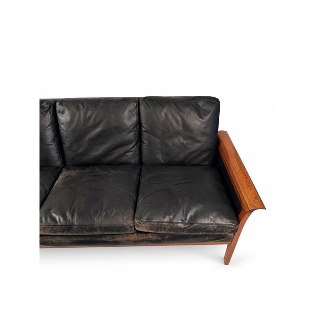 1960s Rosewood and Black Leather Sofa Attributed to Hans Olson For Sale - Image 10 of 14