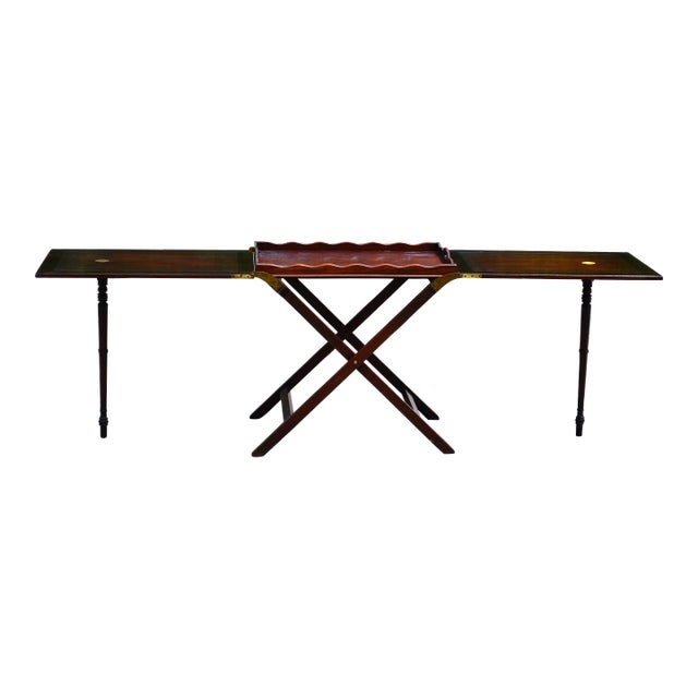 1980s Baker Furniture Walnut Campaign Style Folding X Base Butlers Serving Tray Party Table With Brass Hardware For Sale