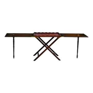 1980s Baker Furniture Walnut Campaign Style Folding X Base Butlers Serving Tray Party Table With Brass Hardware