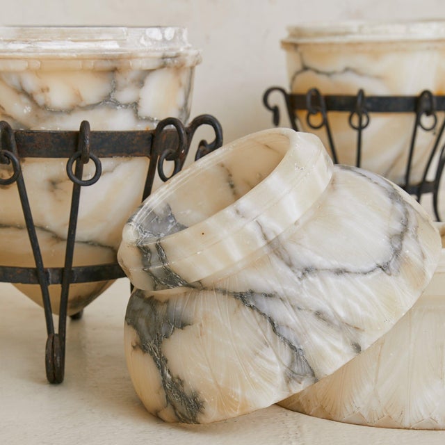 Vintage French Alabaster Vase with Wrought-Iron Stand - 2 Available For Sale - Image 4 of 10
