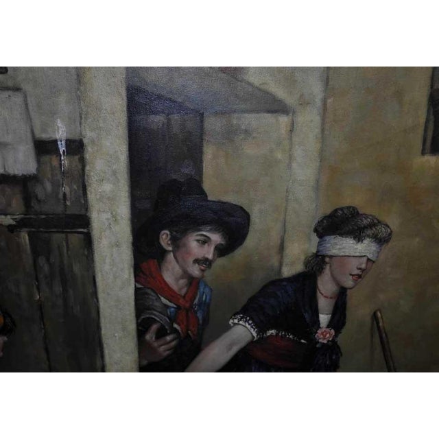 Spanish Artist, Blindfold Scene, 1980s, Large Oil on Canvas, Framed For Sale - Image 7 of 12