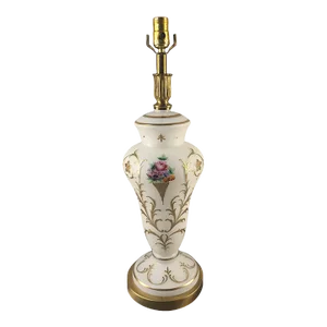 Vintage German Frosted Glass Hand Painted Floral Gilded Banquet Table Lamp