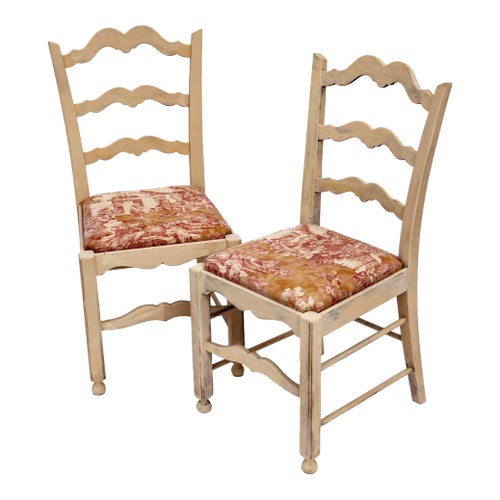 1950s Country French Fruitwood Chairs/ Farm Scenic Upholstery- a Pair