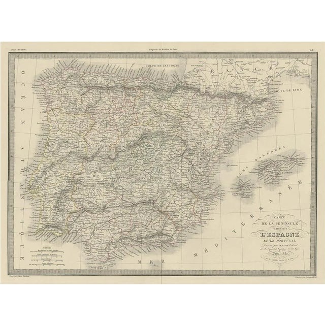 Antique Decorative Map of Portugal and Spain, 1842 For Sale