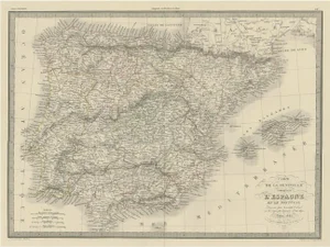 Antique Decorative Map of Portugal and Spain, 1842