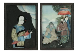 19th Century Asian Paintings under Glass, Set of 2