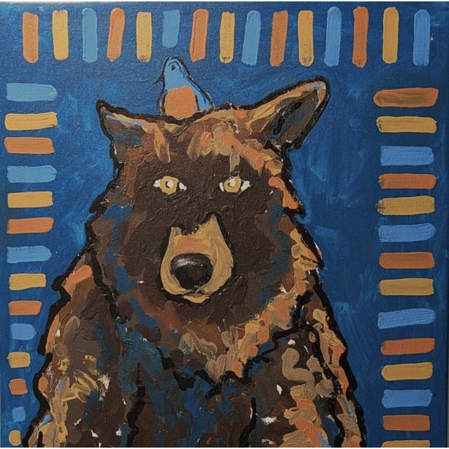 Rustic The Bear and the Blue BIrd Modern Whimsical Folk Art Painting by Mikel Davison For Sale - Image 3 of 8