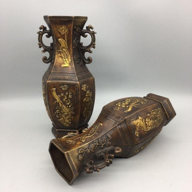 Late 20th Century Pair of Chinese Gilt Bronze Hexagonal Vases With Phoenix & Peony Motif For Sale - Image 5 of 8