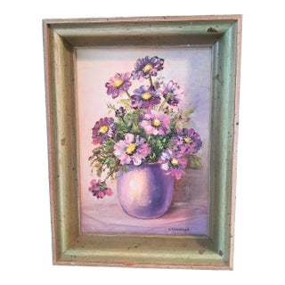 Vintage Floral Purple Flower Painting Signed Original For Sale