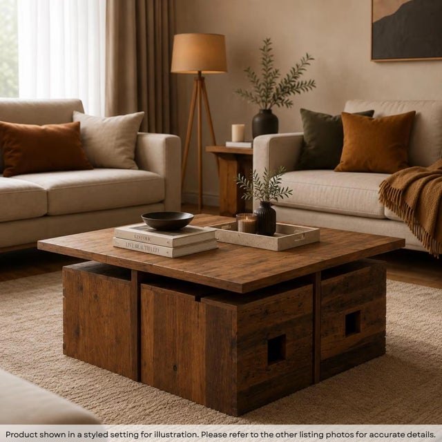Dimensions: 36"W X 36"D X 18"H The Solid Wood 36" Square Coffee Table with Pull Out Seating Stools is a rustic and...