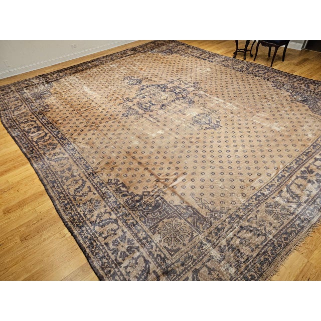 Tan Vintage Turkish Oushak Rug, Hand-Knotted Wool, Geometric Design, Camelhair, 15' X 18' For Sale - Image 8 of 18
