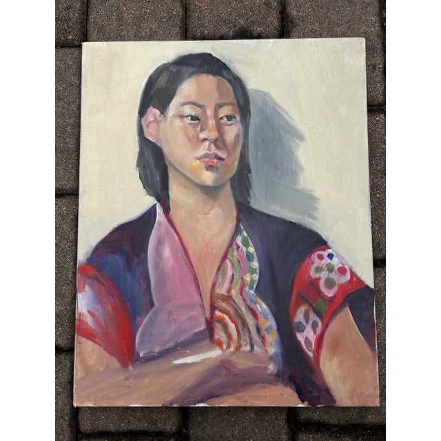 1980s Vintage Impressionist Portrait Oil Painting of Woman Wearing Kimono For Sale - Image 5 of 5