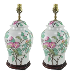 A Pair of Chinese Famille Rose Lidded Jar Lamps