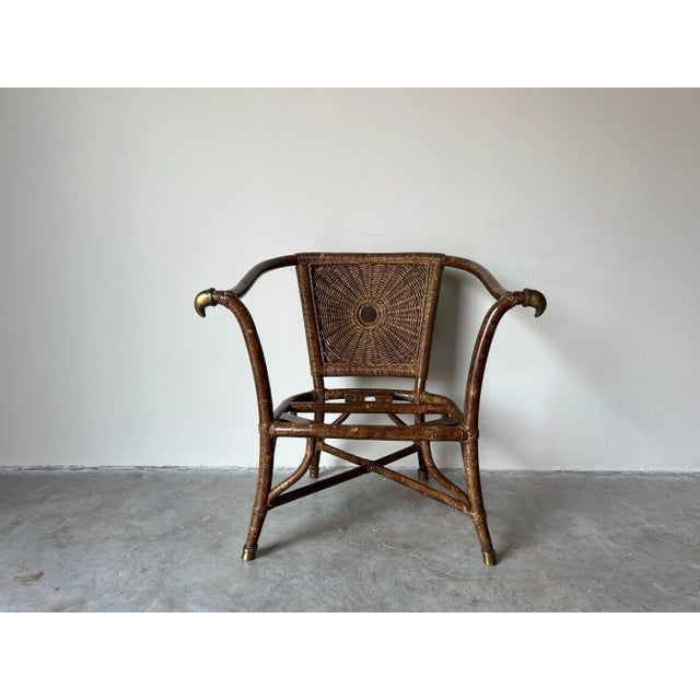 Vintage Organic Faux - Tortoise Shell Finish Rattan and Brass Accent Chair/Sold For Sale - Image 12 of 12