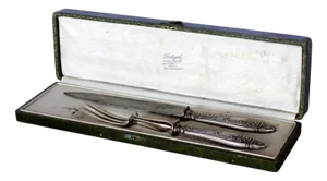 Art Nouveau France Roasted Silver Cutlery with Box, 1890s, Set of 2
