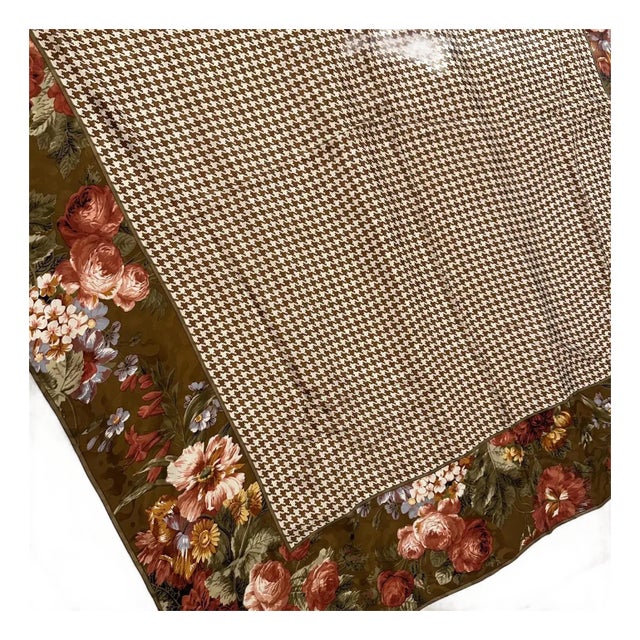1980s Classic Floral & Houndstooth Design Silk Italian Square Scarf by Valentino For Sale