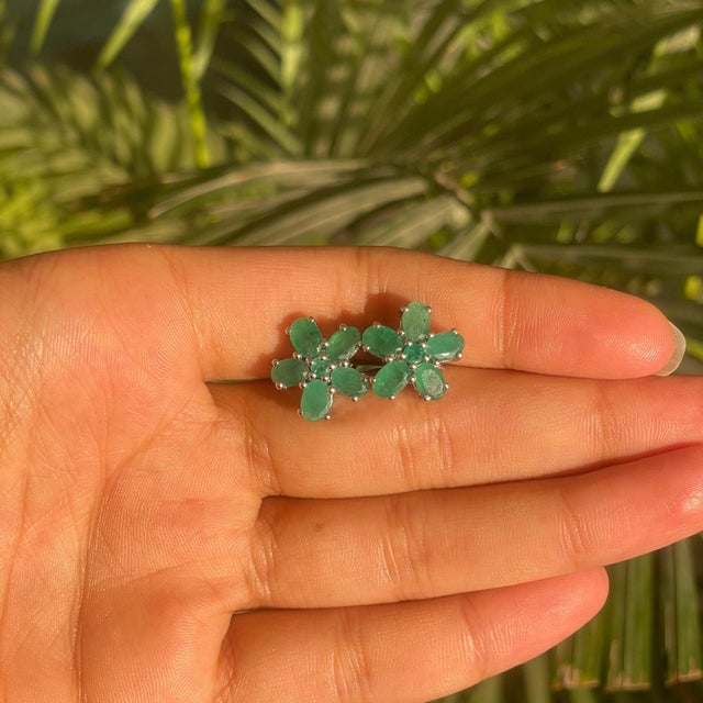 Handcrafted 5.02 Ct Natural Green Emerald Floral Cluster Stud Earrings feature a beautiful floral arrangement of natural...