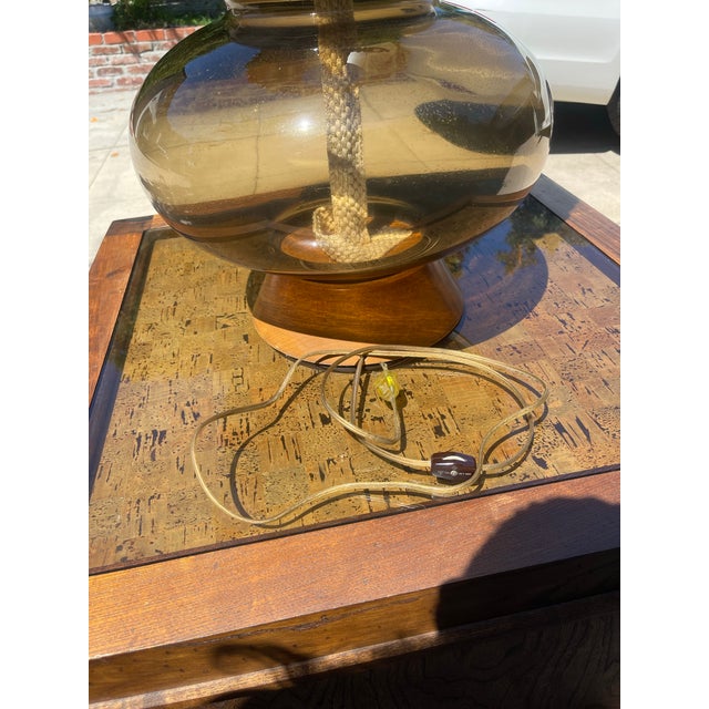 1970s Midcentury Modern Large Vintage Smoked Glass Kerosene Lantern Inspired Table Lamp For Sale - Image 5 of 6