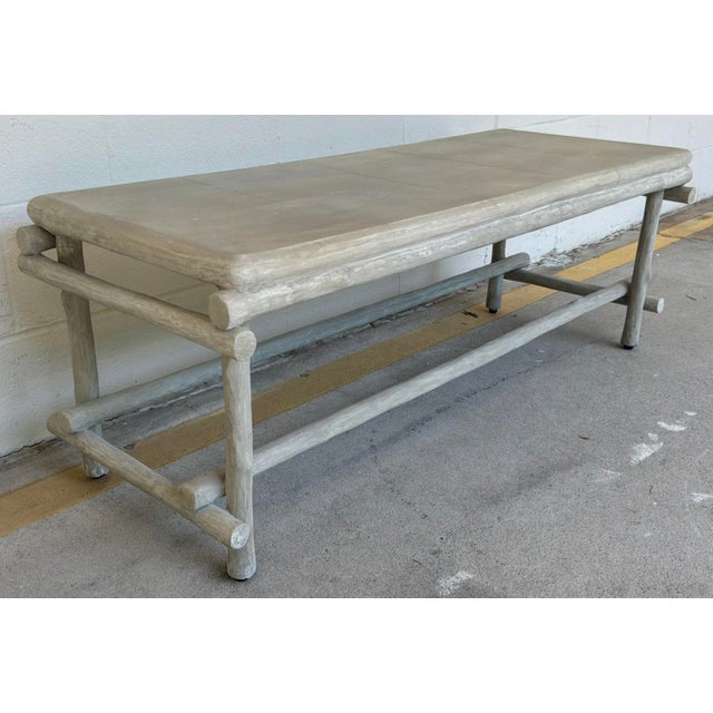 Original retail $2190, stylish Currey & Co. Organic Modern Gray Faux Bois Indoor/Outdoor Luzon Bench, showroom floor sample