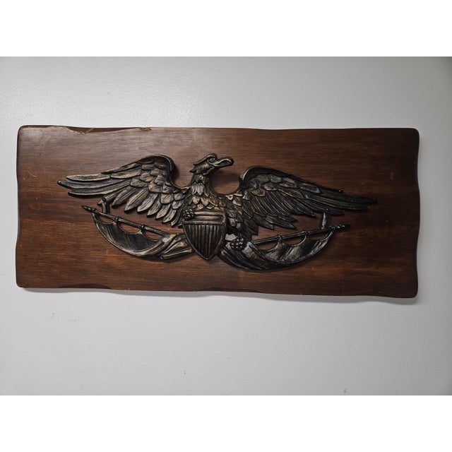American Antique Cast Iron American Eagle With Flag & Crest on Wooden Wall Mount For Sale - Image 3 of 7