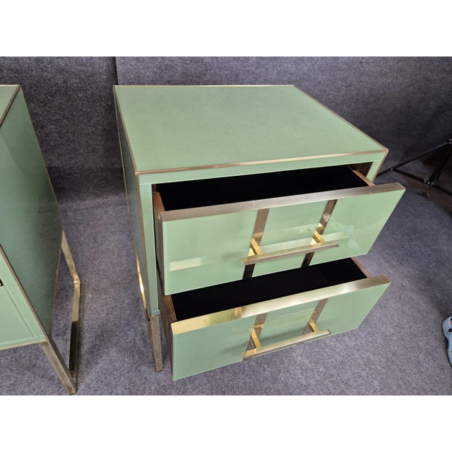 Metal Pair of Green Glass Bedside Tables Made in Italy For Sale - Image 7 of 10