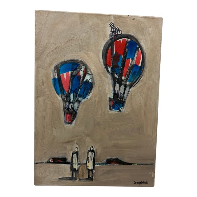 1960s Mid-Century Modern Whimsical Hot Air Balloons Original Canvas Painting by Giannini For Sale
