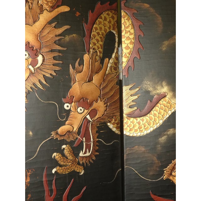 Vintage Oriental Asian Black & Gold Four Panel Screen Room Divider ~ Dragons For Sale - Image 9 of 13