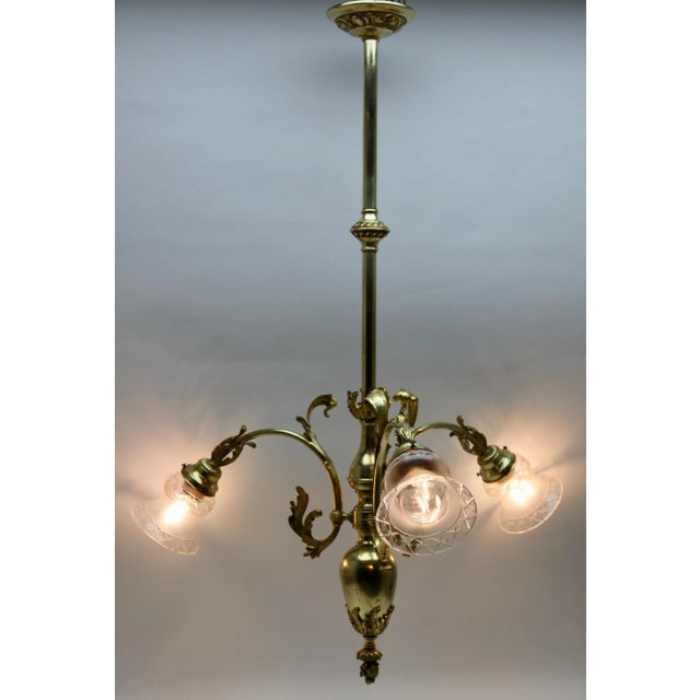 Pendant Chandelier in Solid Polished Brass with Three Arms, Late 19th Century For Sale - Image 3 of 18